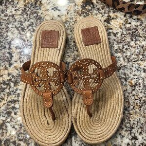 Tory Burch Brown Leather Studded Logo Thong Espadrille Sandals